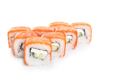 Tasty sushi rolls on white background. Food delivery service