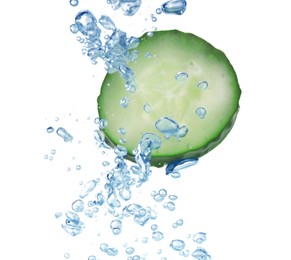 Photo of Slice of fresh cucumber under water on white background, closeup