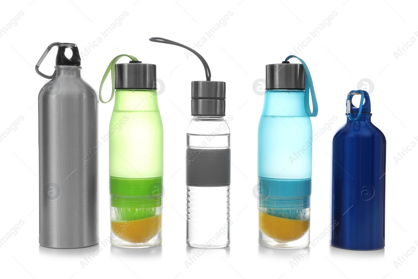 Photo of Different water bottles for sports on white background