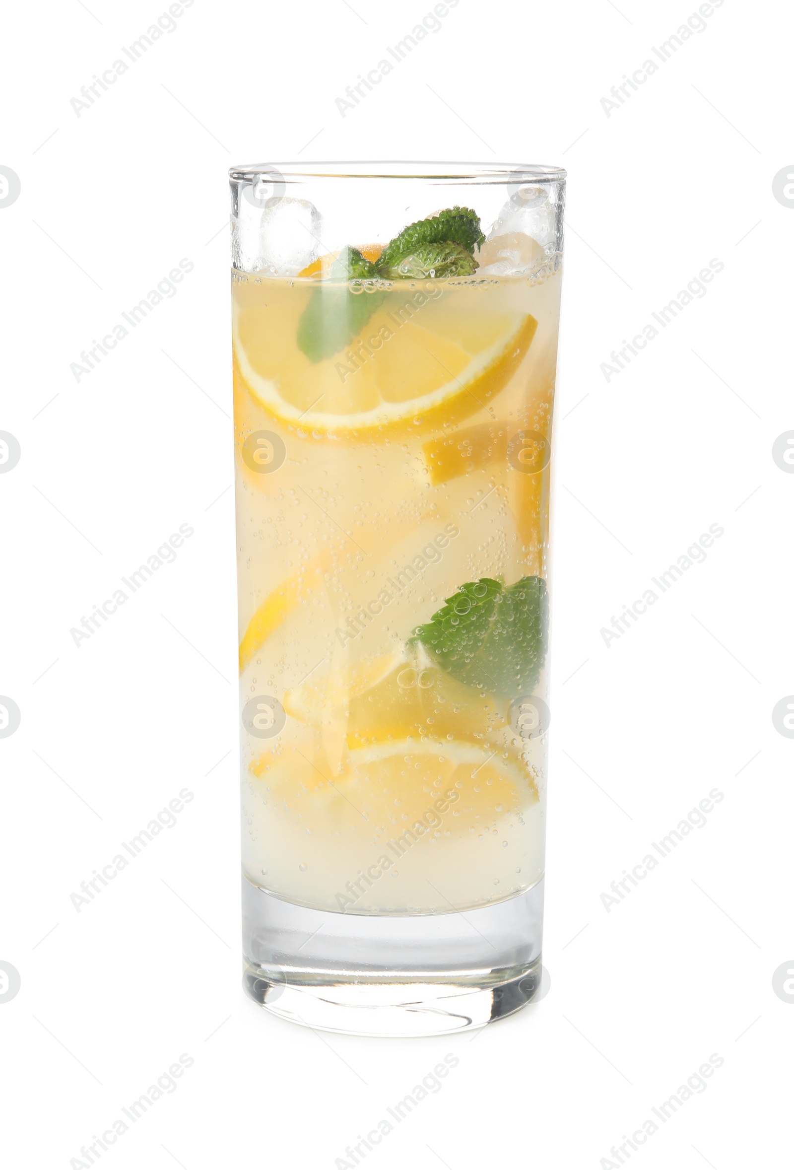 Photo of Refreshing lemonade with ice and mint in glass on white background