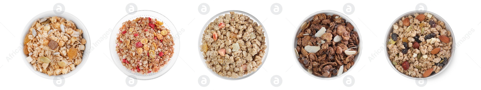 Image of Set with different delicious granola in bowls on white background, top view. Banner design