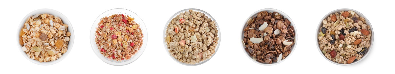 Set with different delicious granola in bowls on white background, top view. Banner design