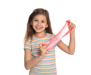 Photo of Little girl with slime on white background