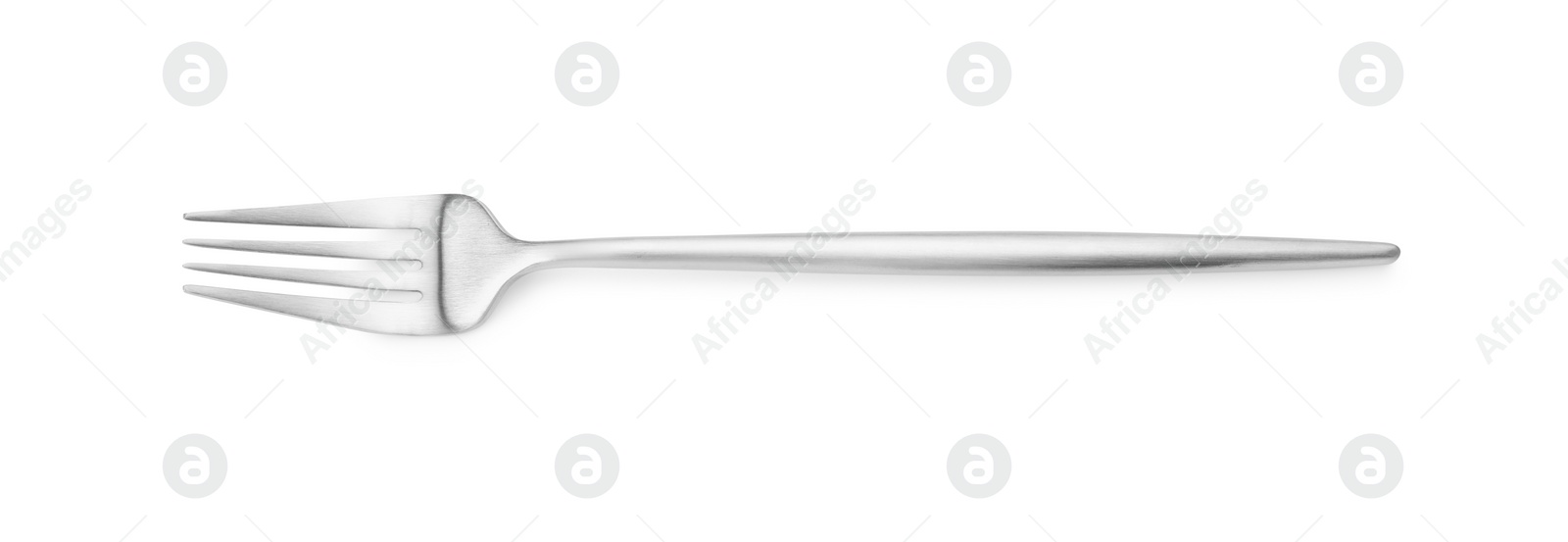 Photo of One shiny silver fork isolated on white, top view