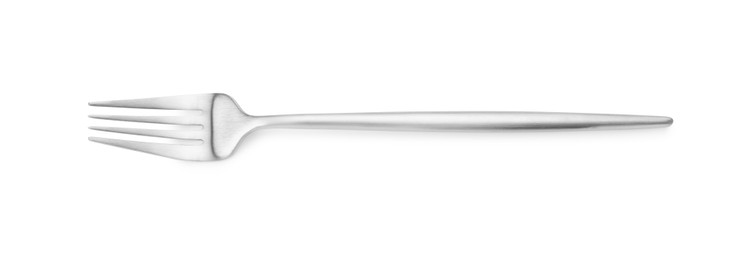 Photo of One shiny silver fork isolated on white, top view