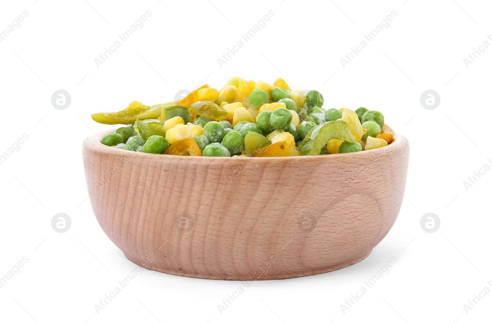 Photo of Bowl with frozen vegetable mix on white background