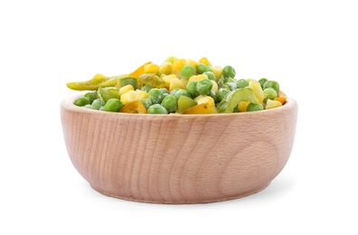Bowl with frozen vegetable mix on white background