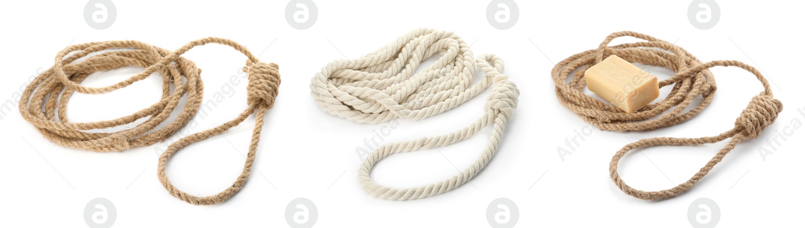 Image of Rope nooses with knots on white background, collage