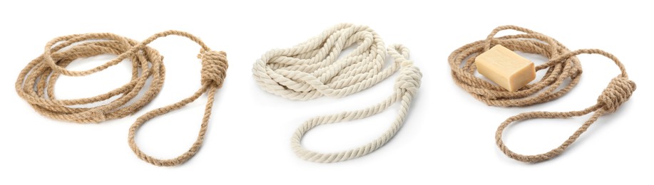 Image of Rope nooses with knots on white background, collage