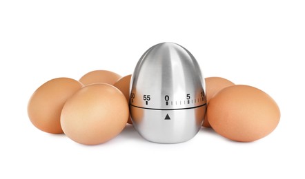 Photo of Kitchen timer and chicken eggs on white background