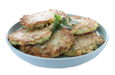 Photo of Delicious zucchini fritters in plate on white background