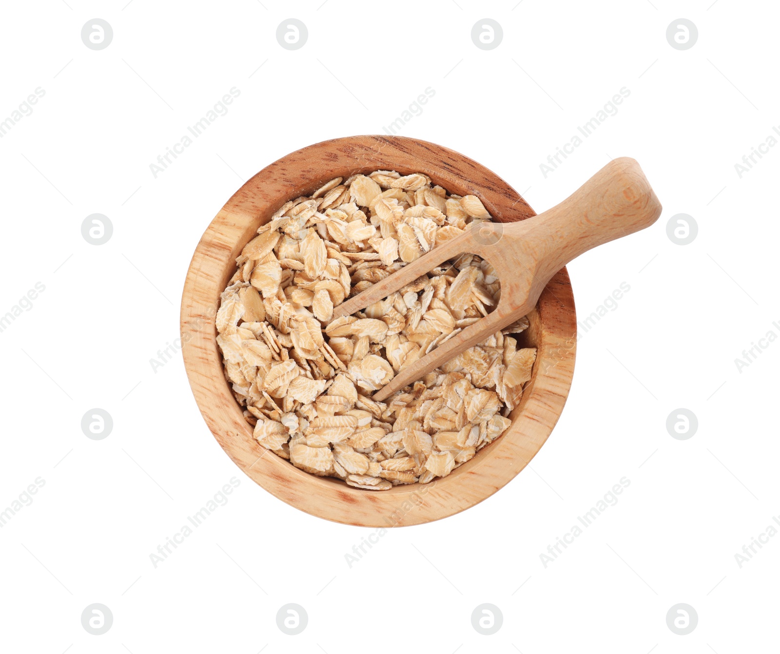 Photo of Bowl and scoop with oatmeal isolated on white, top view