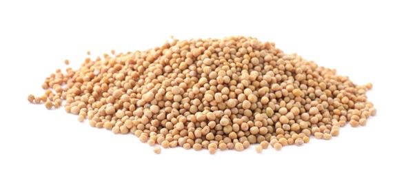 Photo of Heap of mustard seeds isolated on white