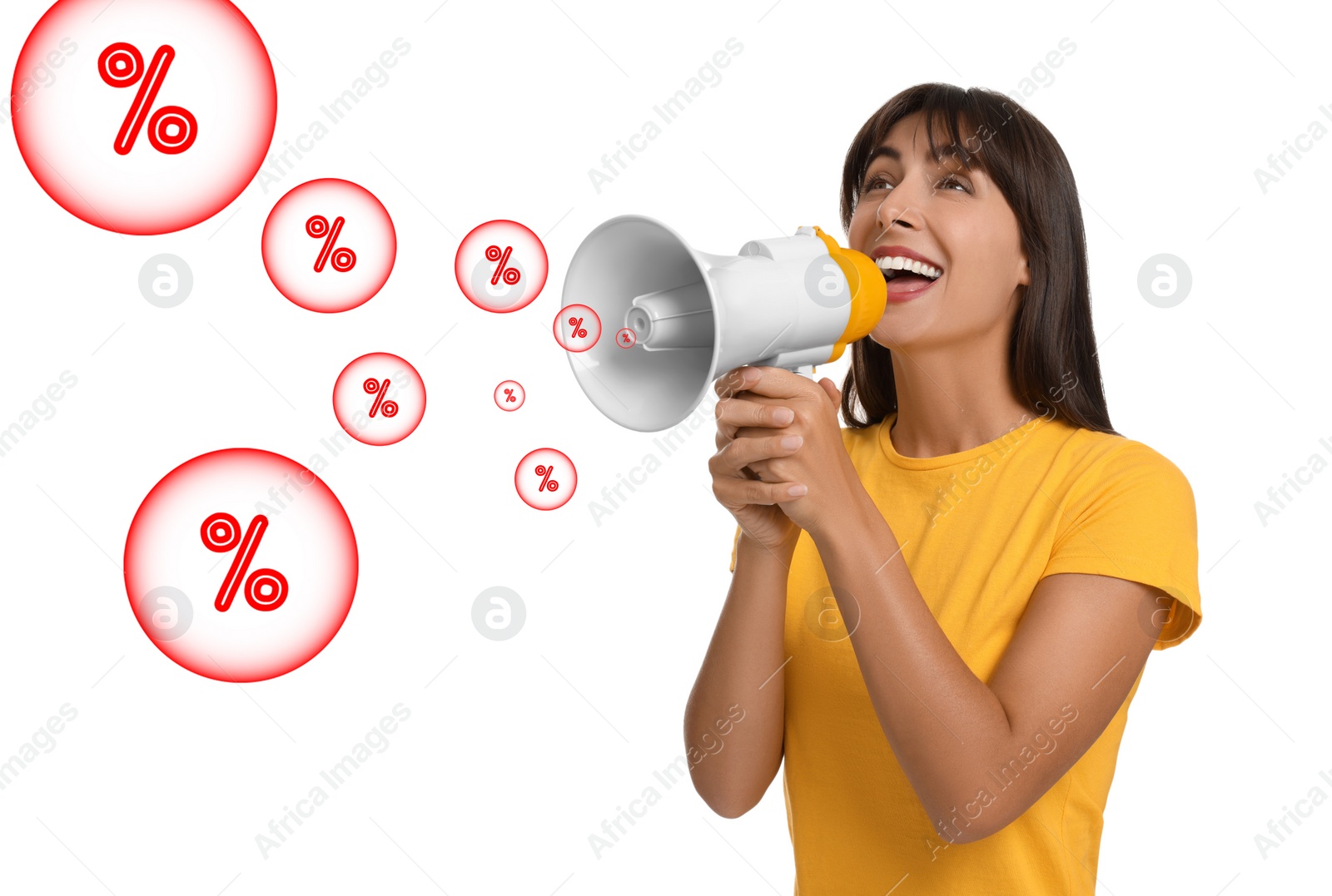 Image of Discount offer. Woman shouting into megaphone on white background. Bubbles with percent signs flying out from device