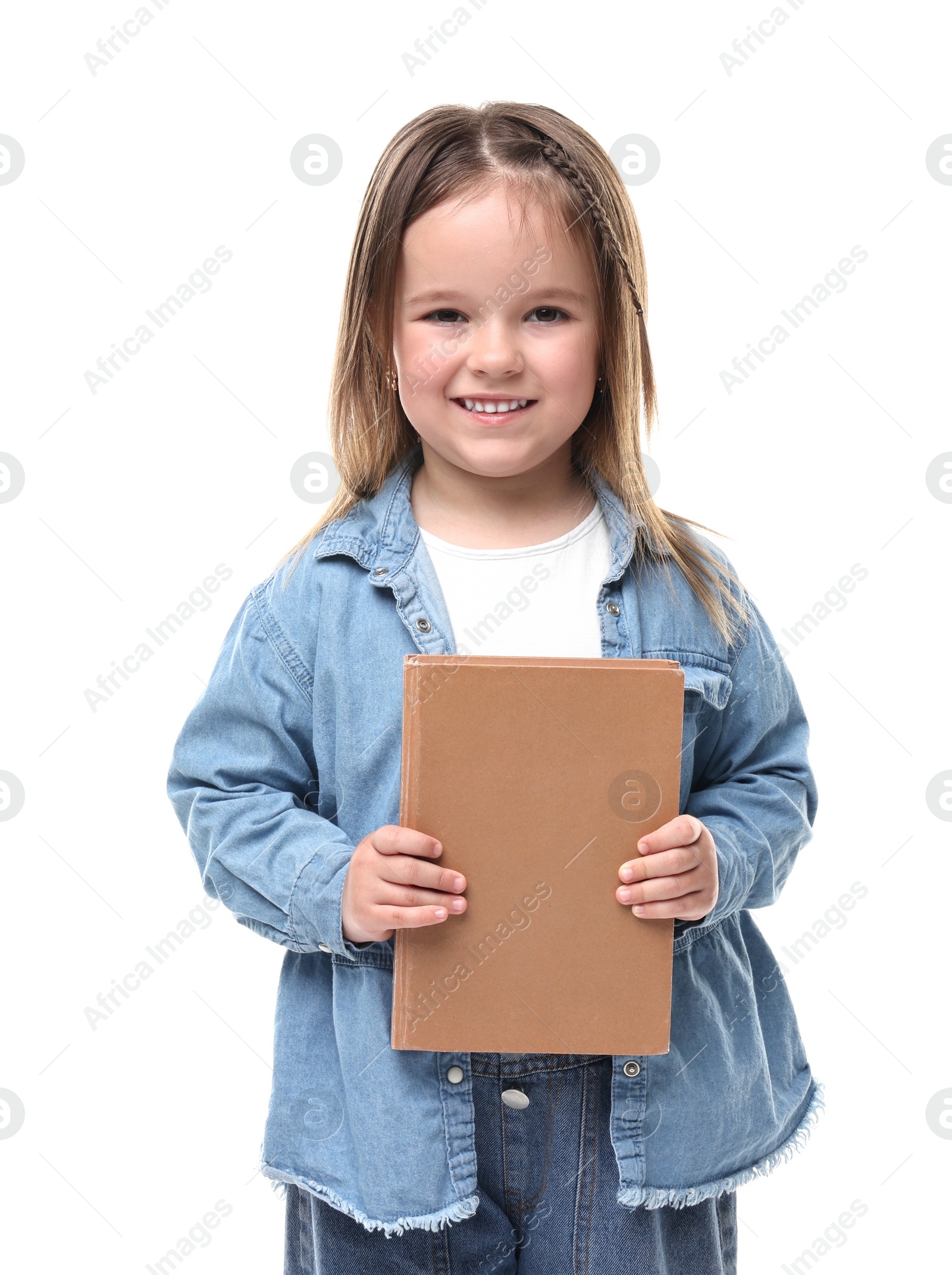 Photo of Cute little girl with book on white background