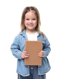 Photo of Cute little girl with book on white background