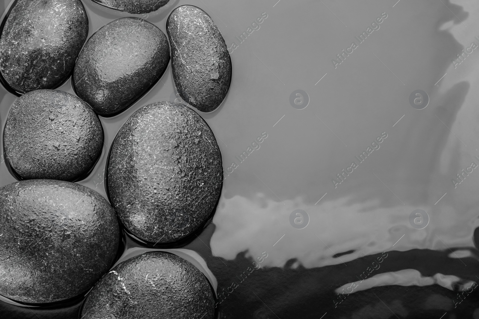 Photo of Stones in water, top view with space for text. Zen lifestyle