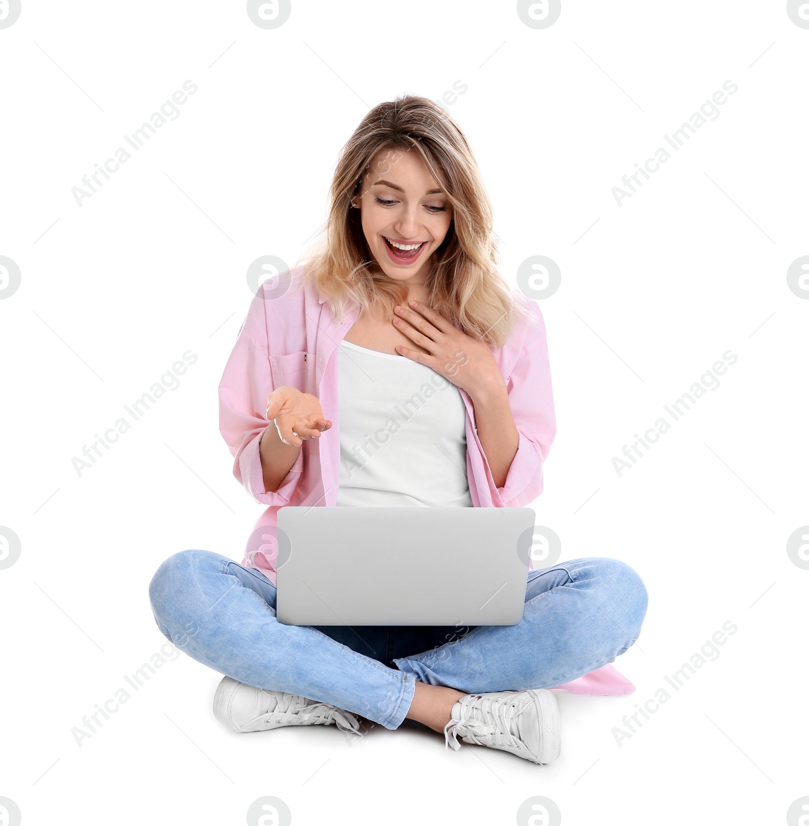 Photo of Woman using laptop for video chat isolated on white