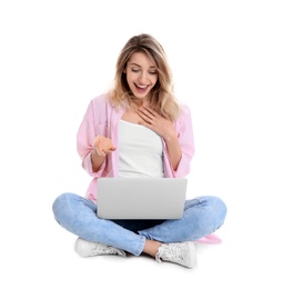 Photo of Woman using laptop for video chat isolated on white