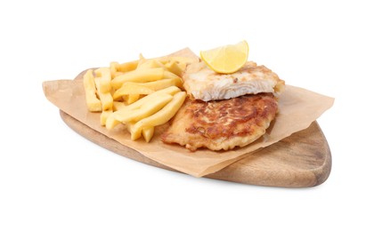Photo of Tasty fish in soda water batter, potato chips and lemon slice isolated on white