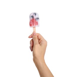 Photo of Woman holding berry popsicle on white background, closeup