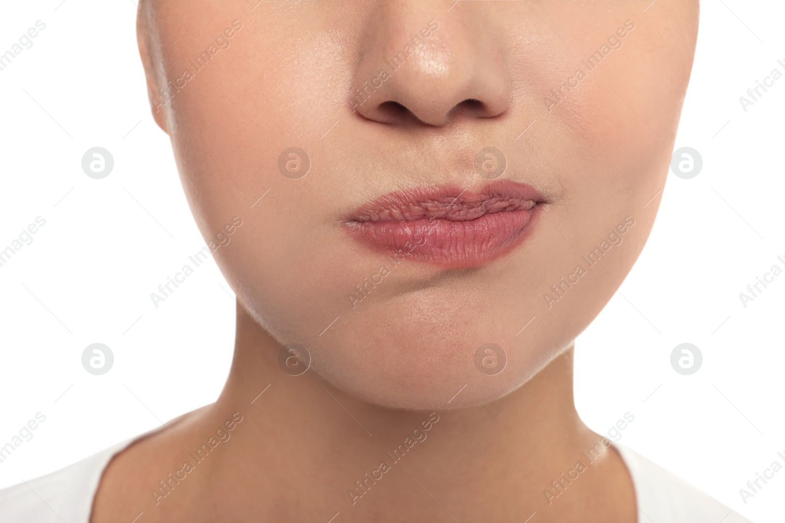 Photo of Woman rinsing her mouth on white background, closeup. Dental care