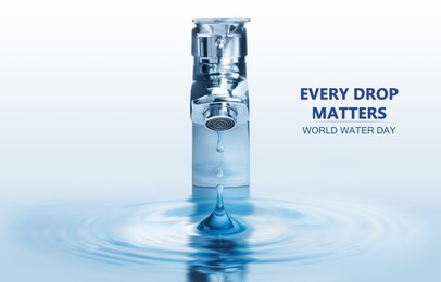 Image of World Water Day. Drop flowing from tap with splash on light background