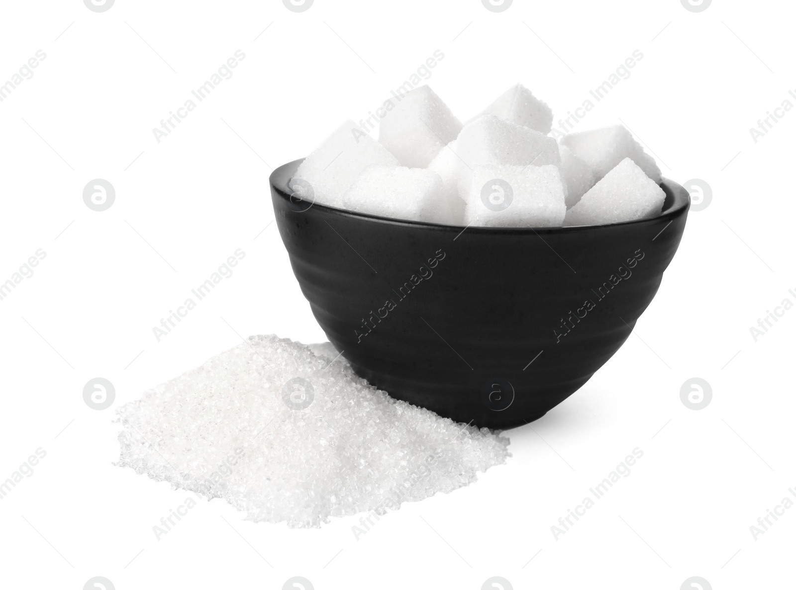 Photo of Granulated and cubed sugar with bowl on white background