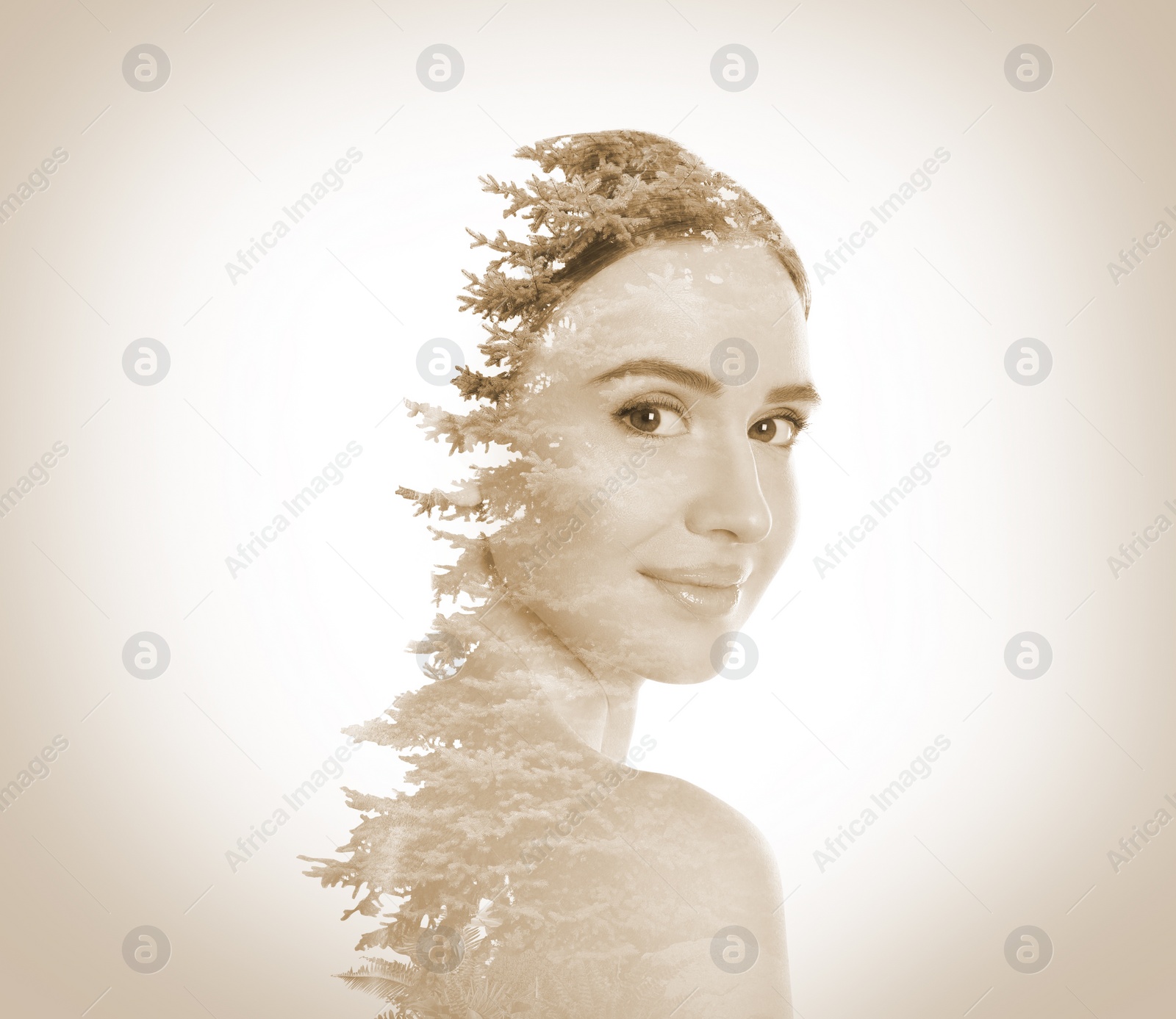 Image of Double exposure of woman and trees, sepia effect