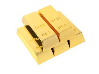 Photo of Precious shiny gold bars on white background