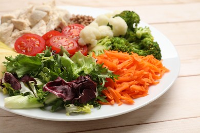 Balanced diet and healthy foods. Plate with different delicious products on light wooden table, closeup