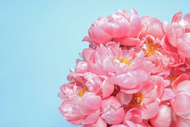 Photo of Bunch of beautiful peonies on turquoise background, closeup. Space for text