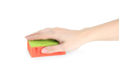 Photo of Woman with sponge on white background, closeup of hand