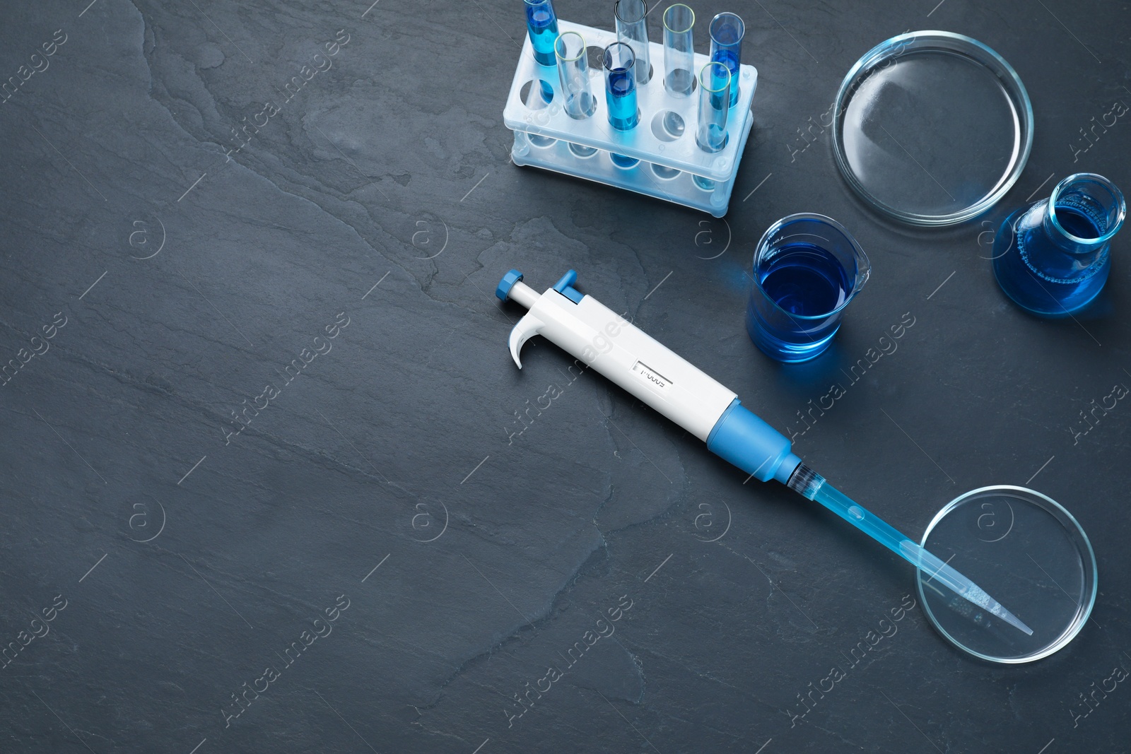 Photo of Laboratory analysis. Micropipette, petri dishes, beaker, flask and test tubes on black table, flat lay. Space for text