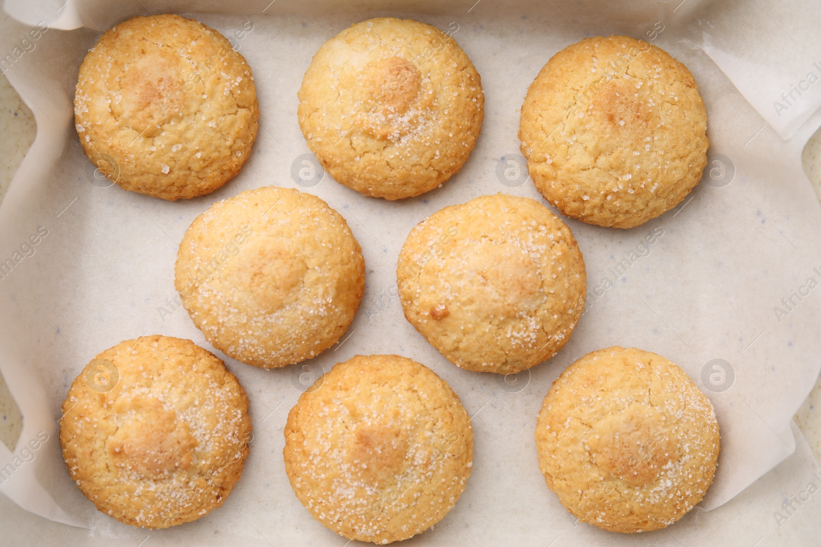 Photo of Tasty sweet sugar cookies in baking dish, top view