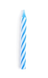 Photo of Blue birthday candle isolated on white, top view