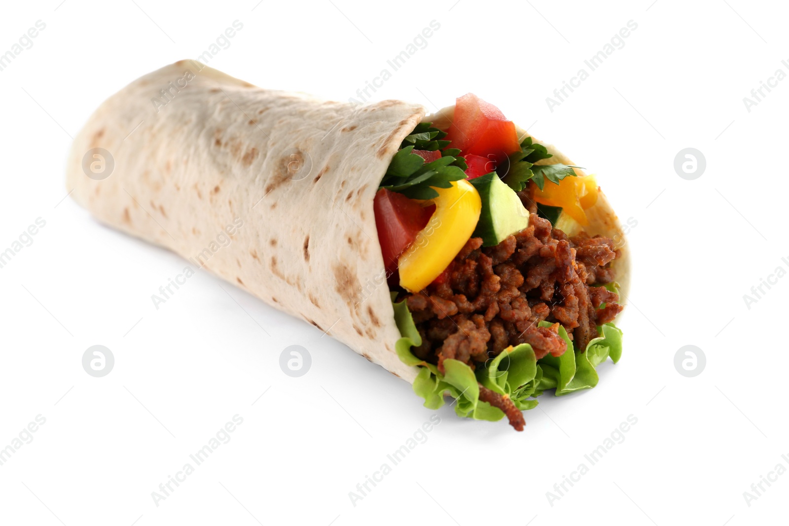 Photo of Delicious meat tortilla wrap isolated on white