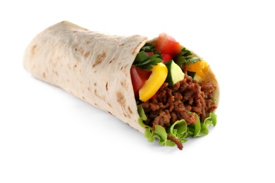 Delicious meat tortilla wrap isolated on white