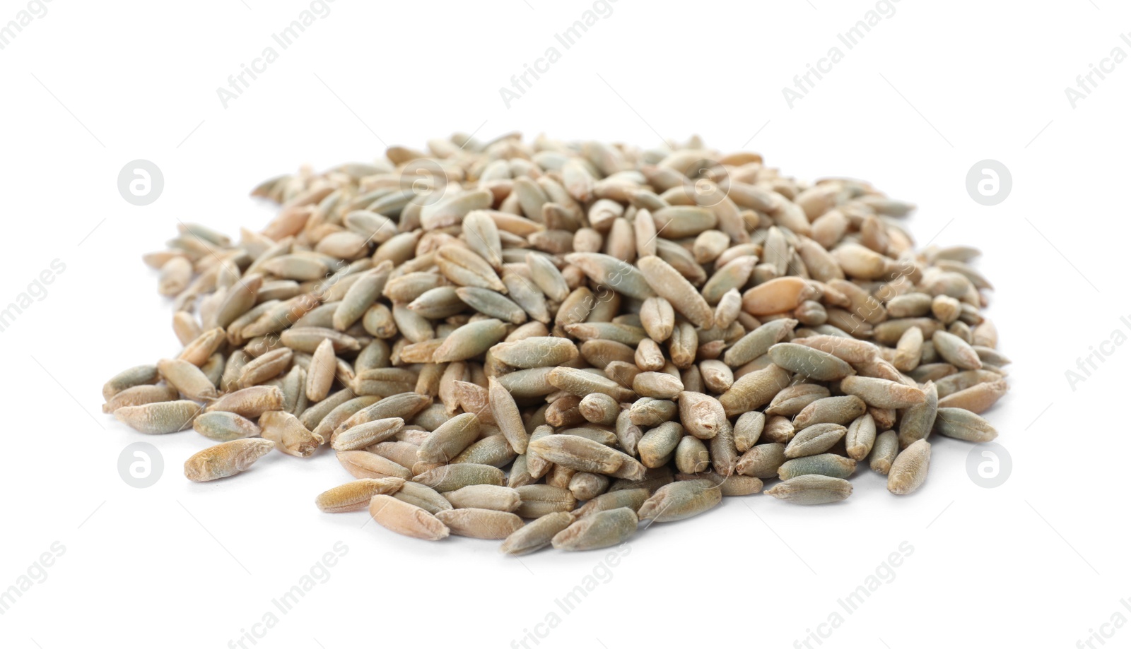 Photo of Pile of rye grains on white background. Cereal crop