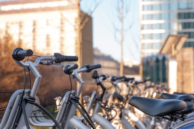 Photo of Parking with bicycles for rent on sunny day