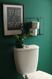 Decor elements, paper rolls and toilet bowl near green wall. Bathroom interior