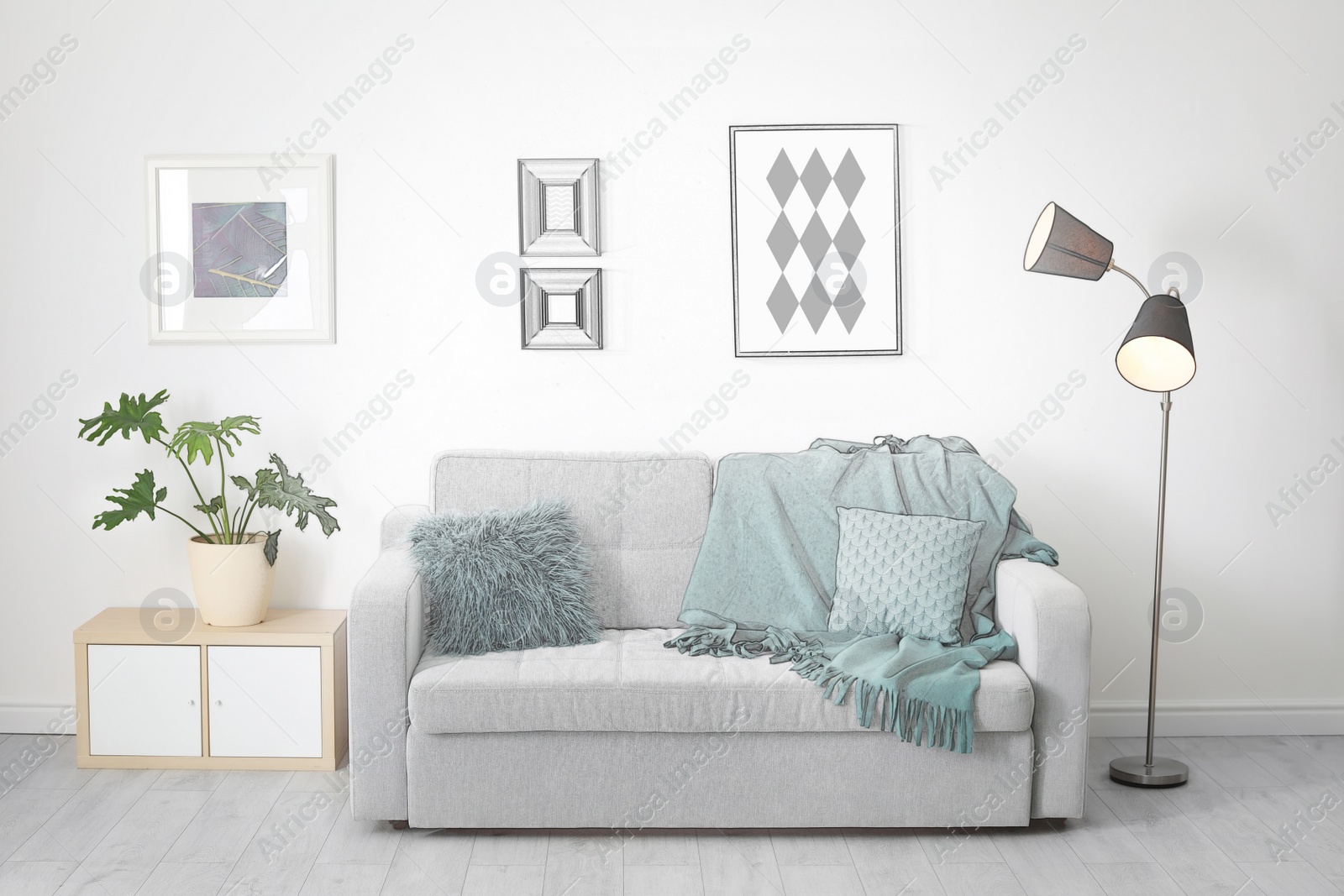 Image of Stylish living room with comfortable sofa. Illustrated interior design