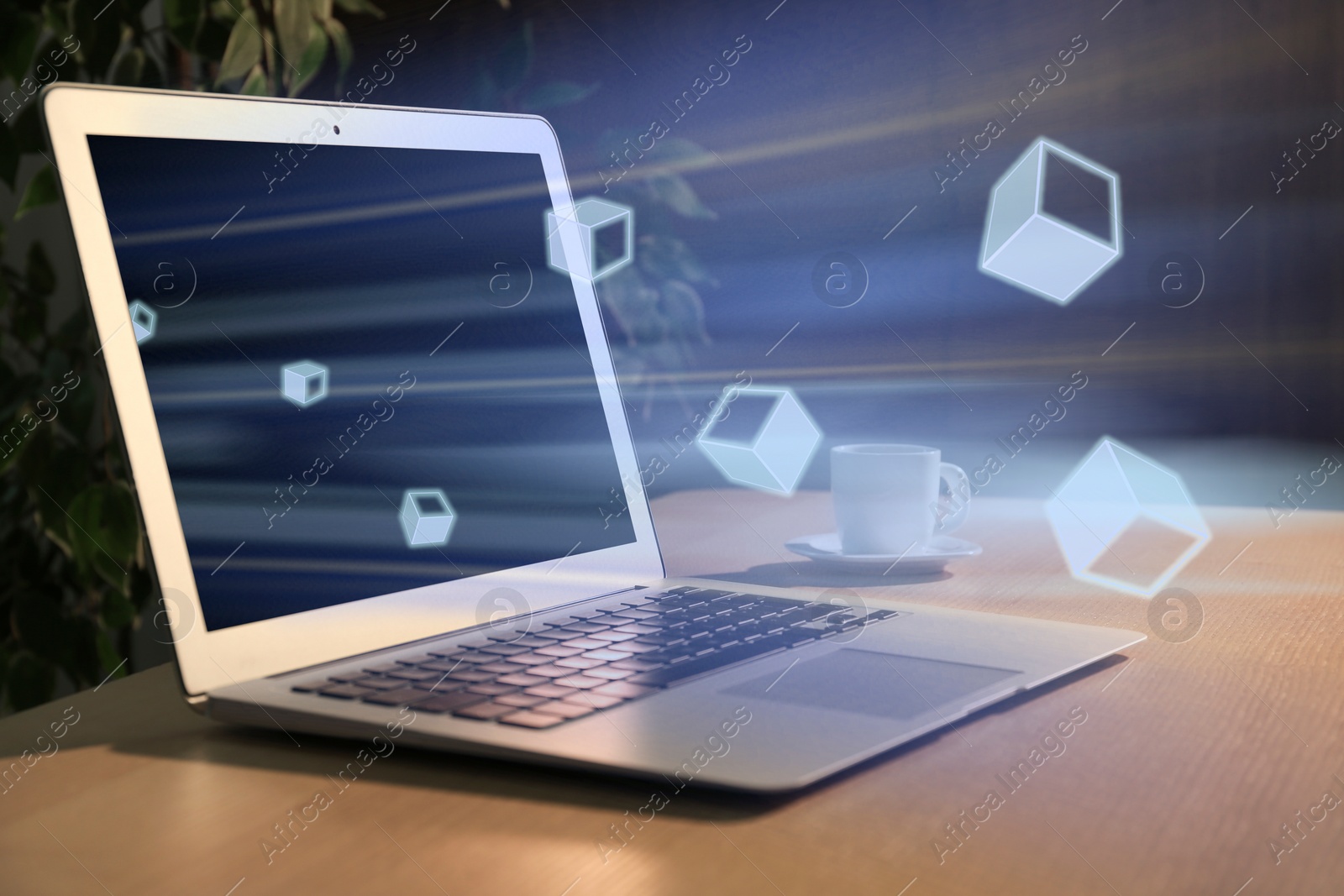 Image of Speed internet. Modern laptop on wooden table. Motion blur effect symbolizing fast connection