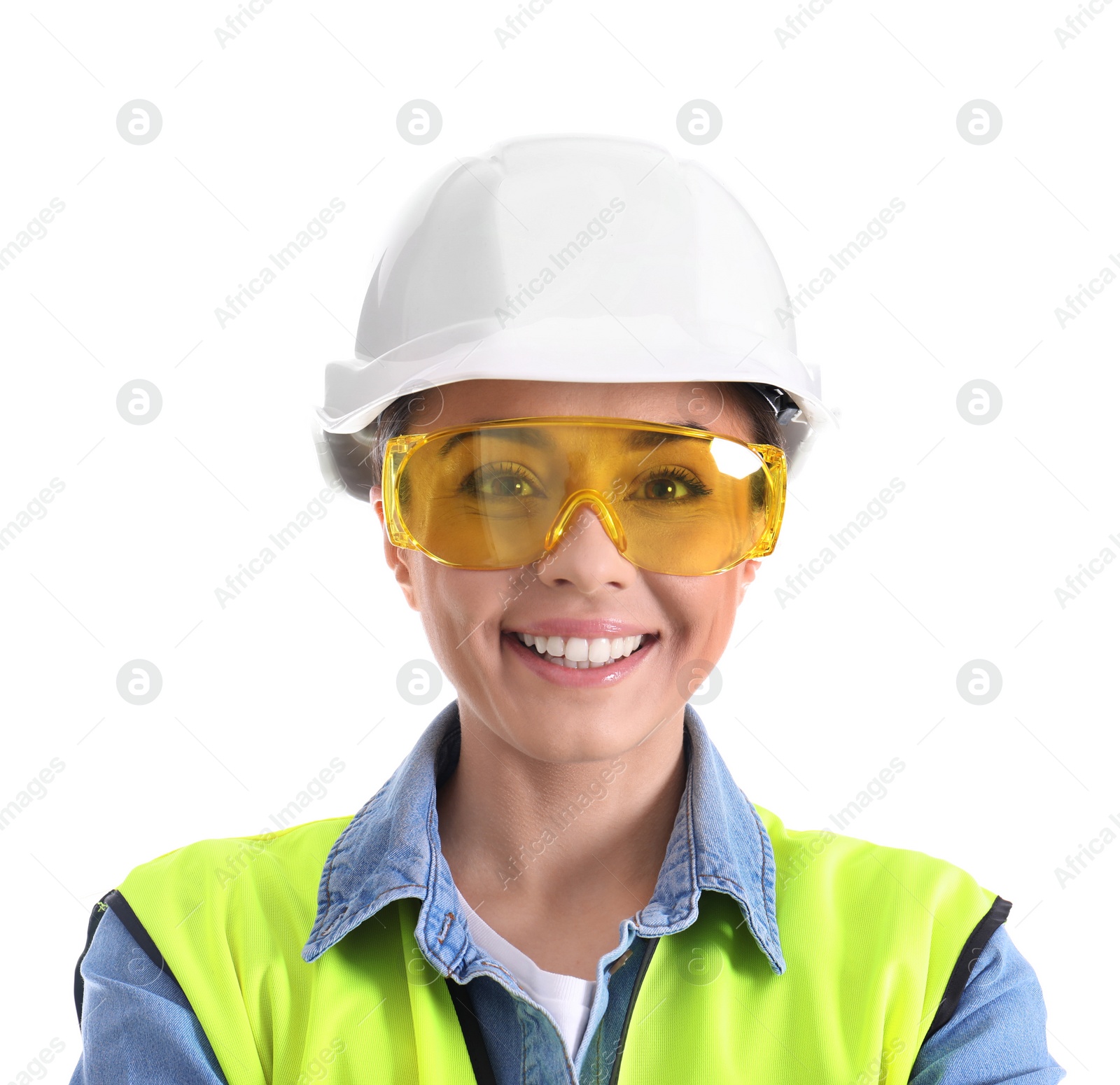 Photo of Female industrial engineer in uniform on white background. Safety equipment