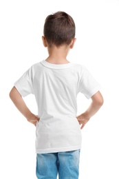 Photo of Little boy in t-shirt on white background. Mockup for design