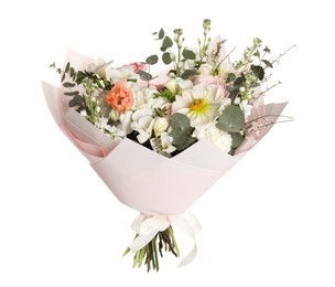 Photo of Bouquet of beautiful flowers on white background