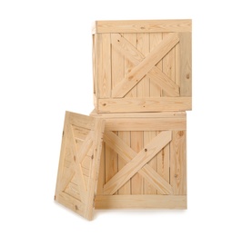 Photo of Wooden crates isolated on white. Delivery service