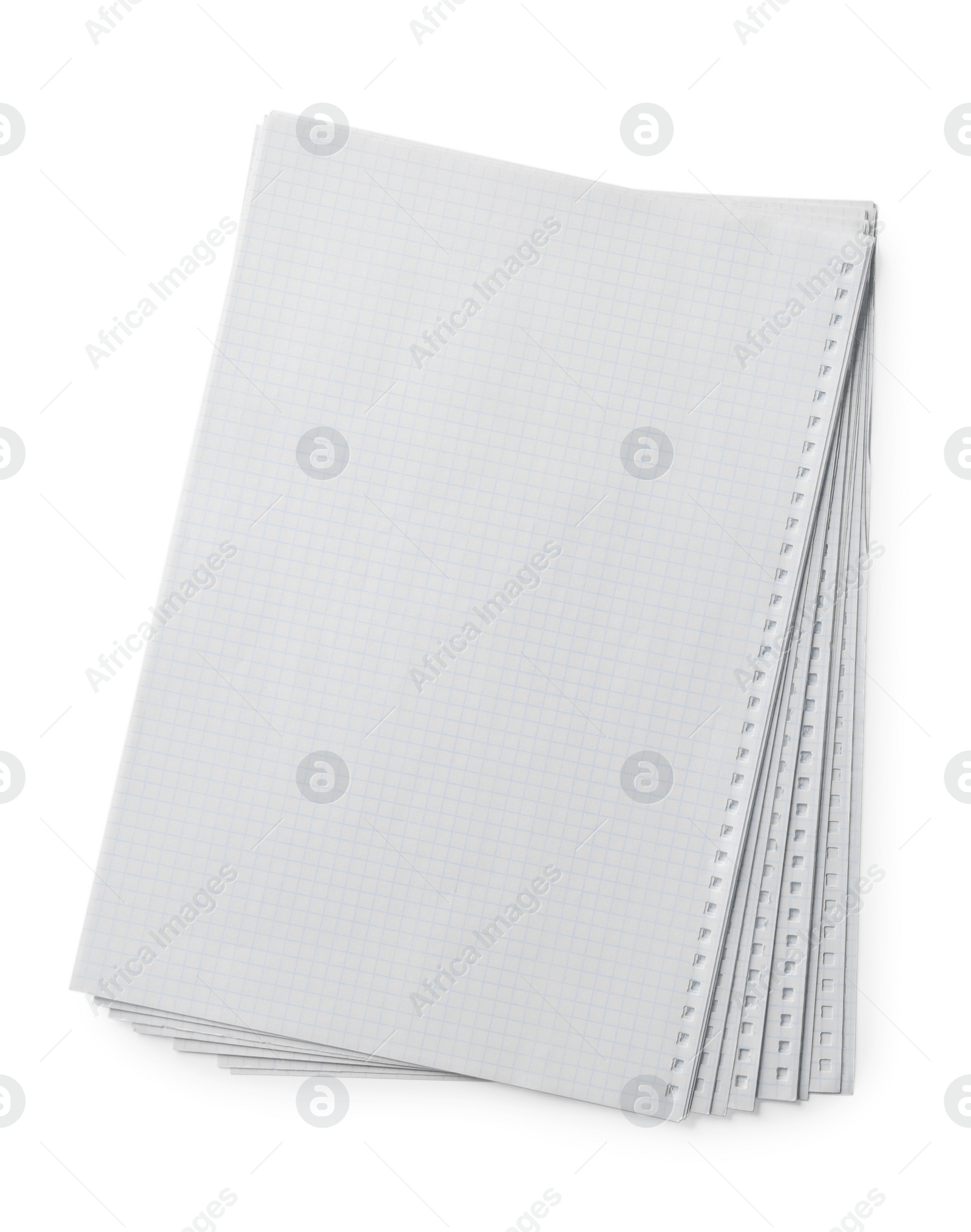 Photo of Stack of checkered paper sheets on white background, top view