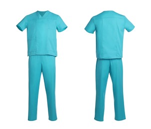 Image of Turquoise medical uniform isolated on white, collage with back and front views