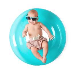 Cute little baby in sunglasses with inflatable ring on white background, top view